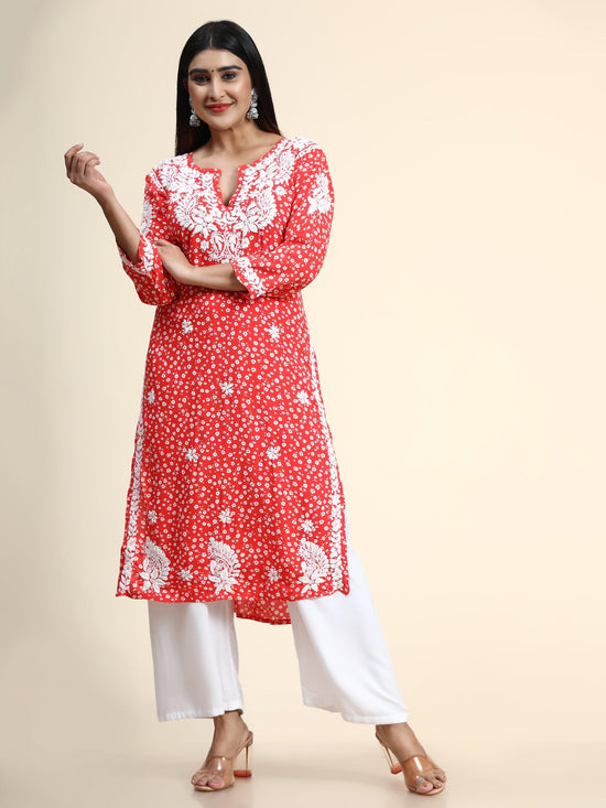 Red Kurta paired with white leggings  Kalamkari dresses, Long kurti  designs, Cotton kurti designs