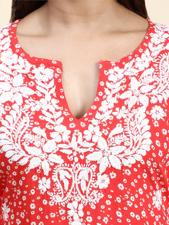 Ria in HOK Chikankari Long Kurta in Rayon Cotton for Women-Red - House Of Kari (Chikankari Clothing)