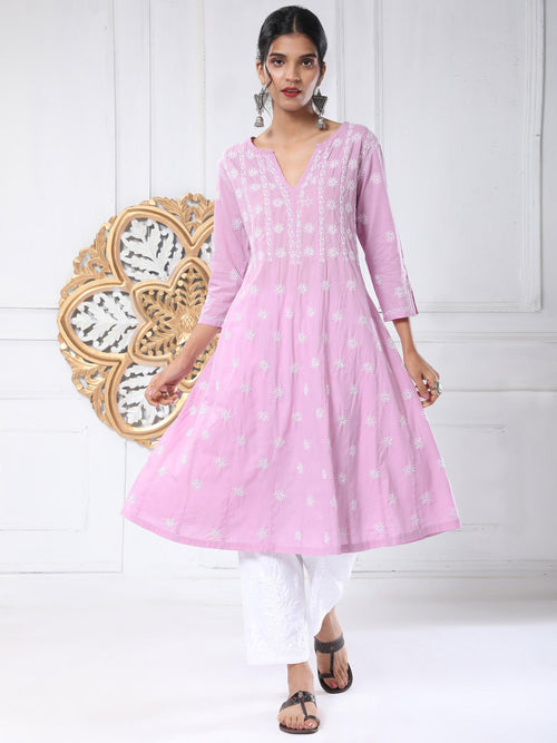 Noor Chikankari Hand embroidery Anarkali Dress in Cotton Lavender - House Of Kari (Chikankari Clothing)