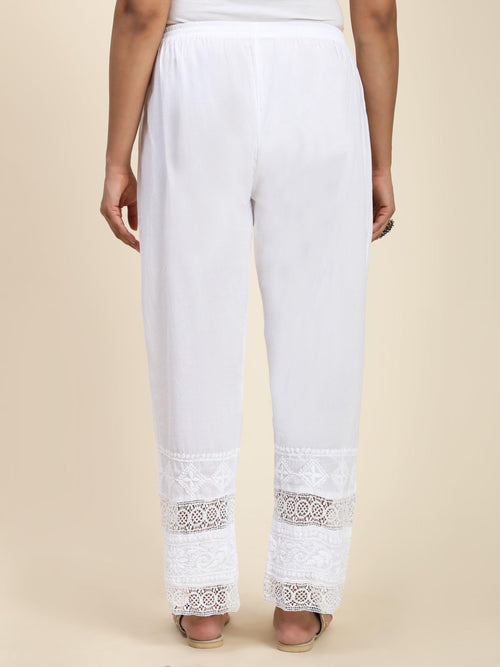 House Of Kari Chikankari Embroidered Cotton White Relaxed Pants Trousers-8 - House Of Kari (Chikankari Clothing)