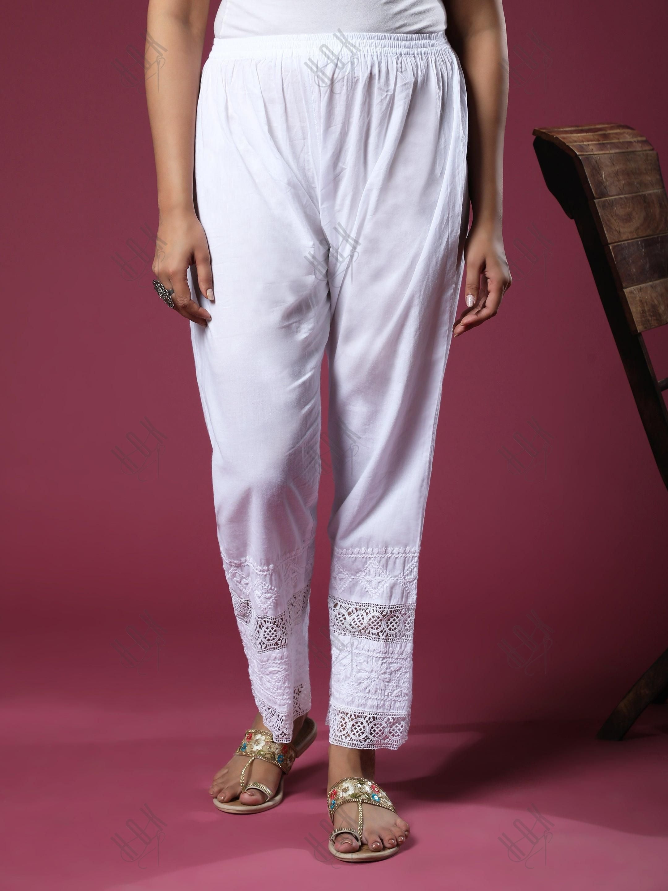 House Of Kari Chikankari Embroidered Cotton White Relaxed Pants Trousers-8 - House Of Kari (Chikankari Clothing)