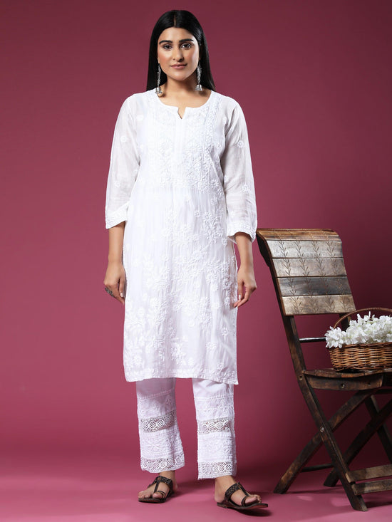 House Of Kari Chikankari Embroidered Cotton White Relaxed Pants Trousers-8 - House Of Kari (Chikankari Clothing)