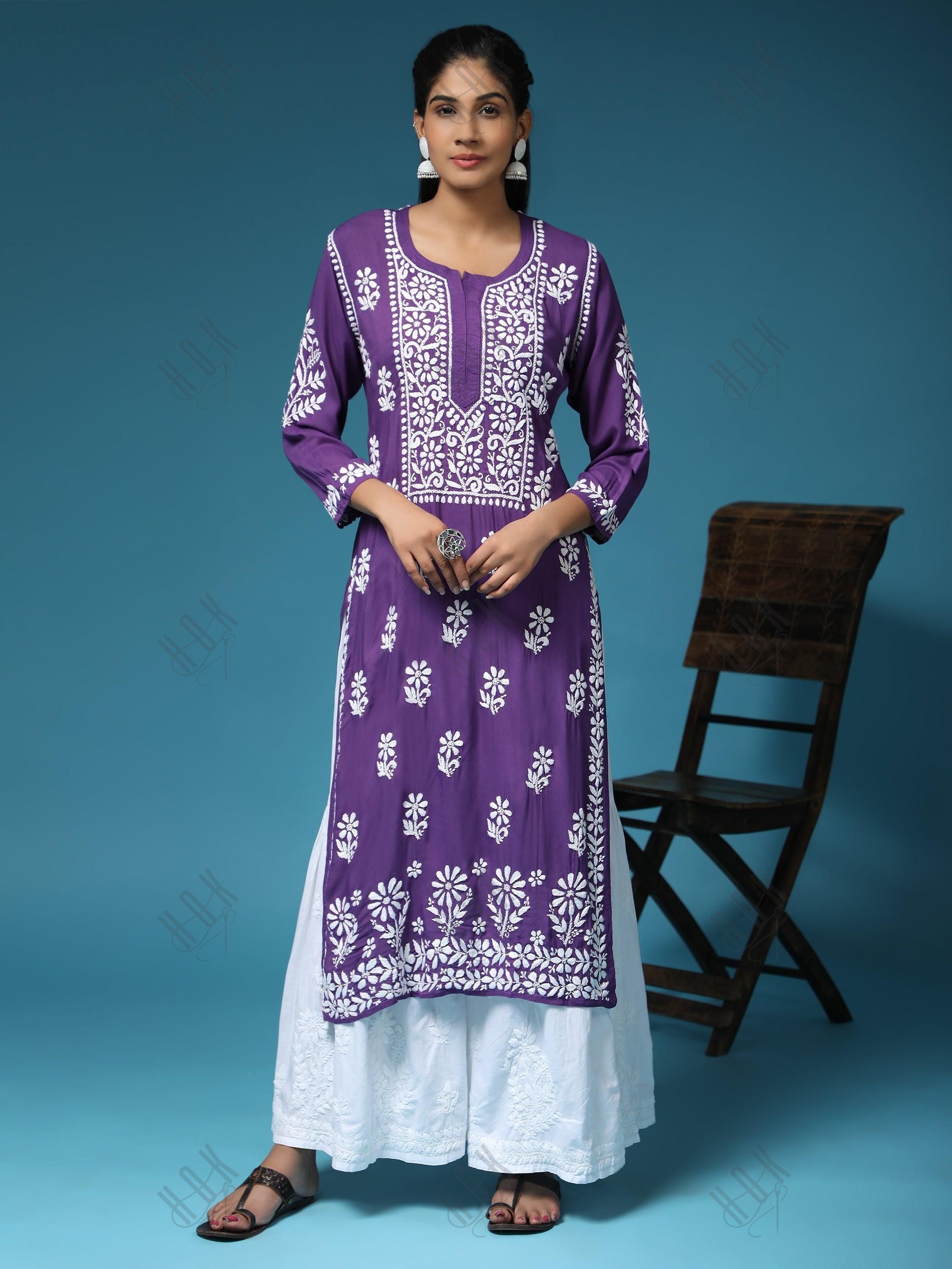 Premium Hand Embroidery Chikankari Kurta Modal Cotton- Purple - House Of Kari (Chikankari Clothing)