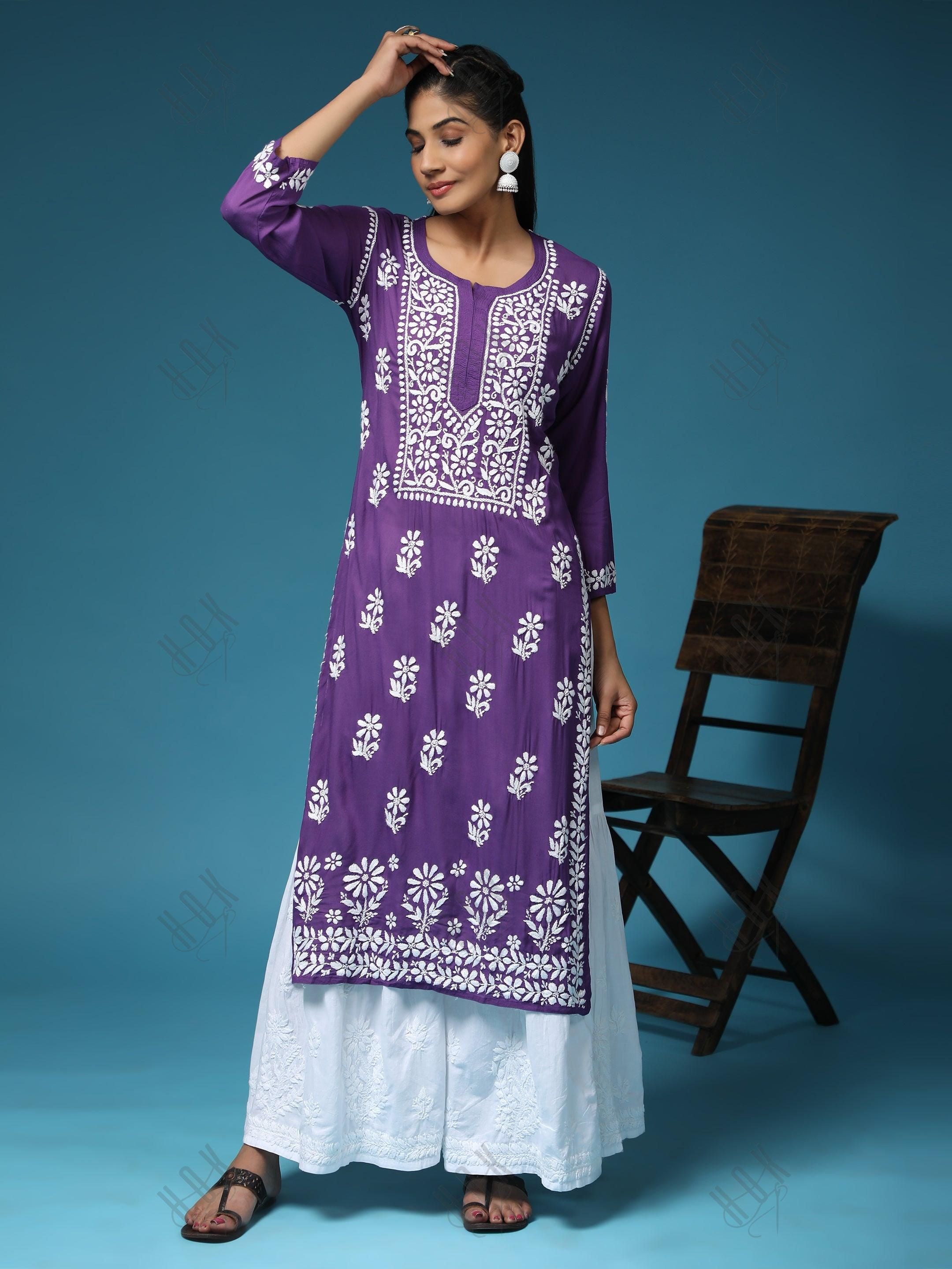 Premium Hand Embroidery Chikankari Kurta Modal Cotton- Purple - House Of Kari (Chikankari Clothing)