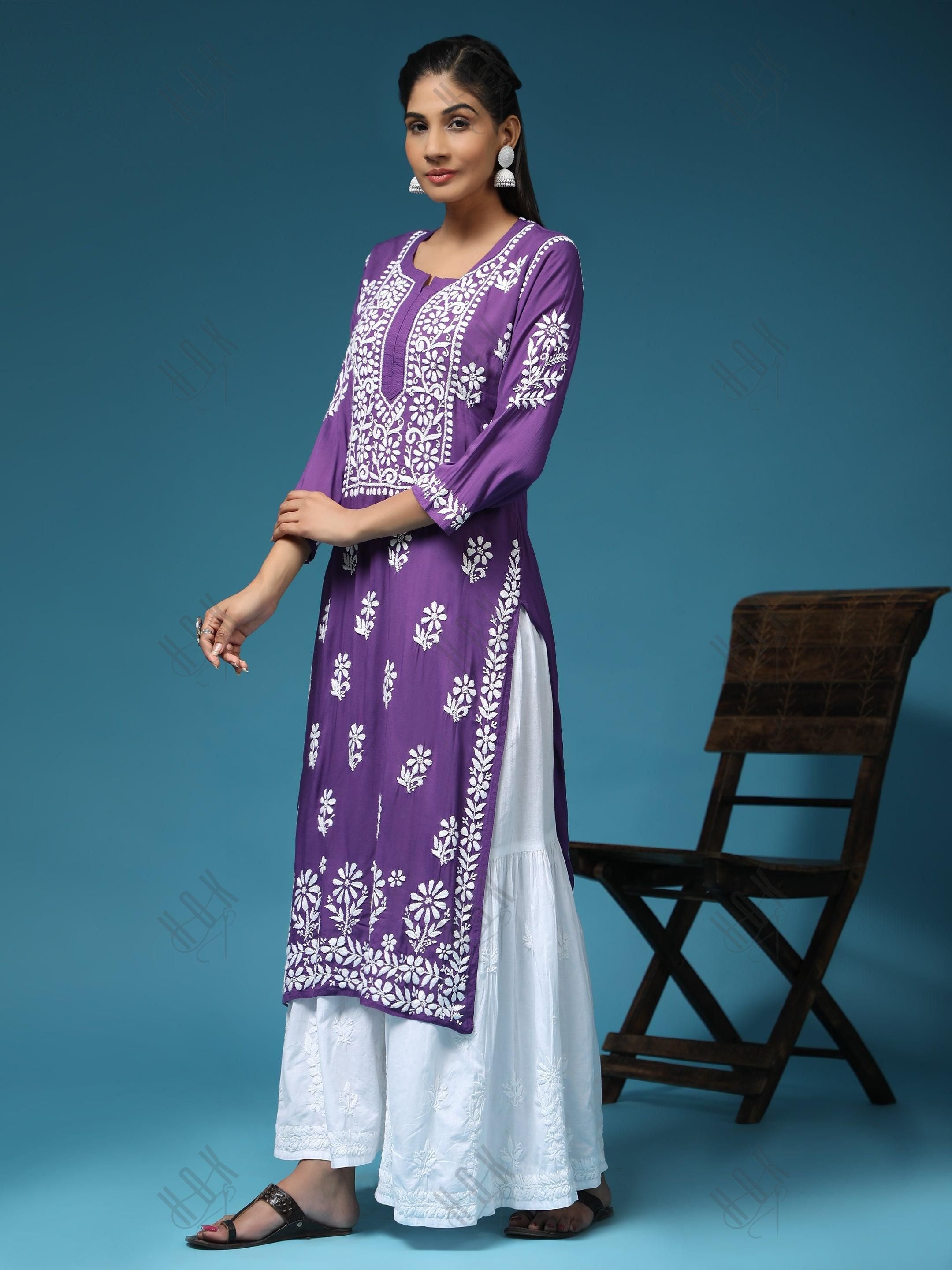 Premium Hand Embroidery Chikankari Kurta Modal Cotton- Purple - House Of Kari (Chikankari Clothing)