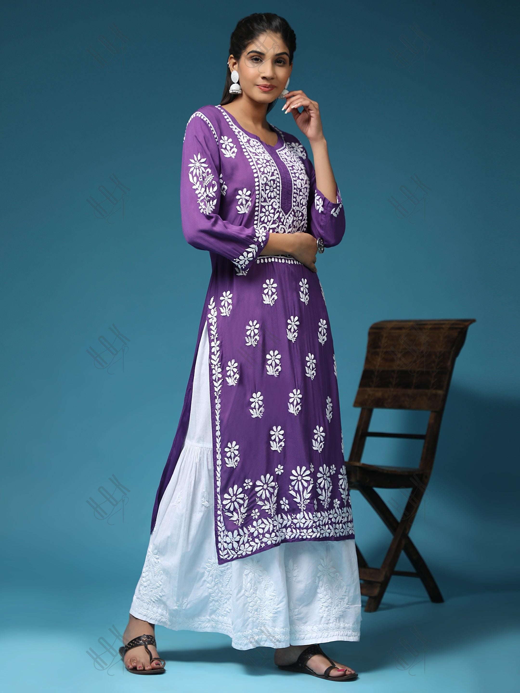 Premium Hand Embroidery Chikankari Kurta Modal Cotton- Purple - House Of Kari (Chikankari Clothing)