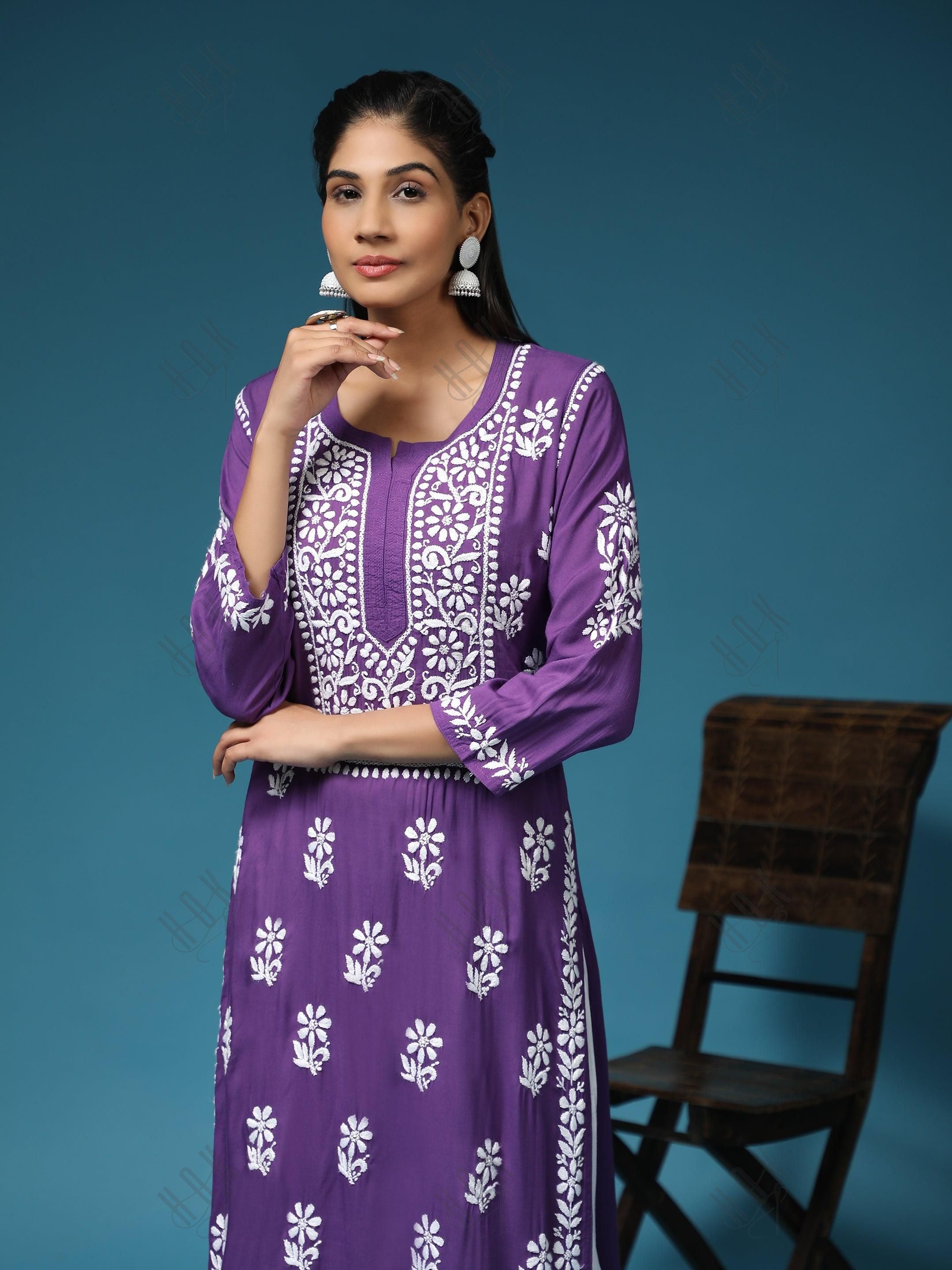 Premium Hand Embroidery Chikankari Kurta Modal Cotton- Purple - House Of Kari (Chikankari Clothing)