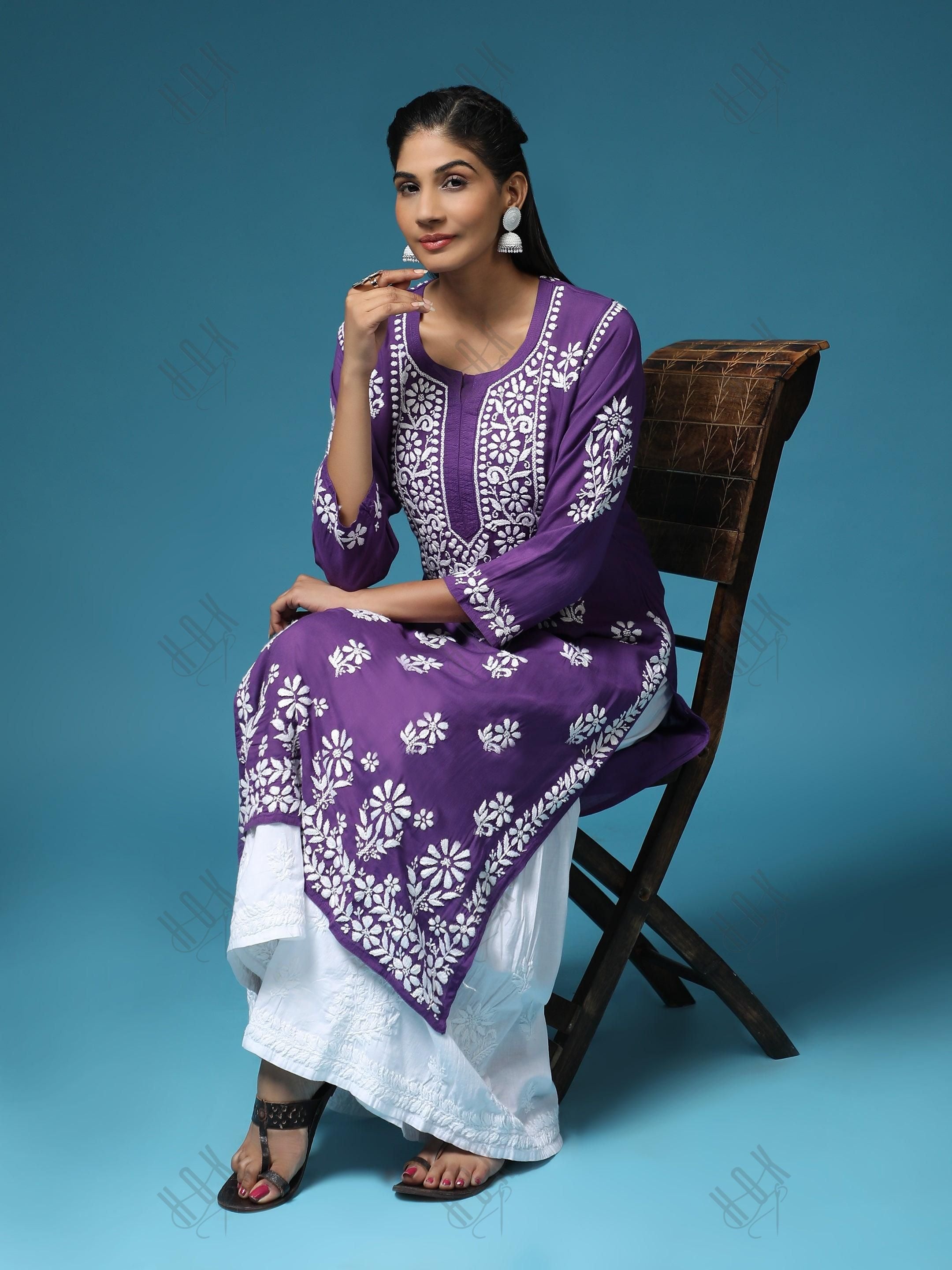 Premium Hand Embroidery Chikankari Kurta Modal Cotton- Purple - House Of Kari (Chikankari Clothing)