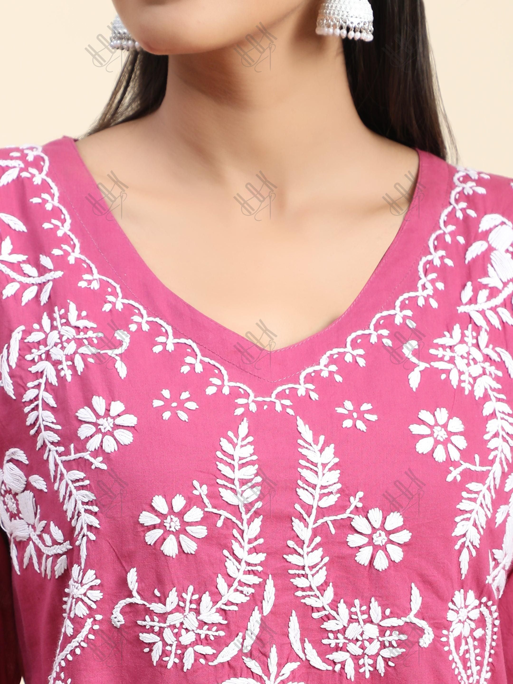 Hand Embroidery Chinakari Short Cotton Tunics- Pink - House Of Kari (Chikankari Clothing)