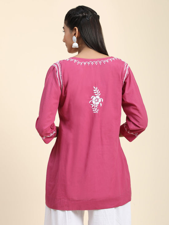 Hand Embroidery Chinakari Short Cotton Tunics- Pink - House Of Kari (Chikankari Clothing)