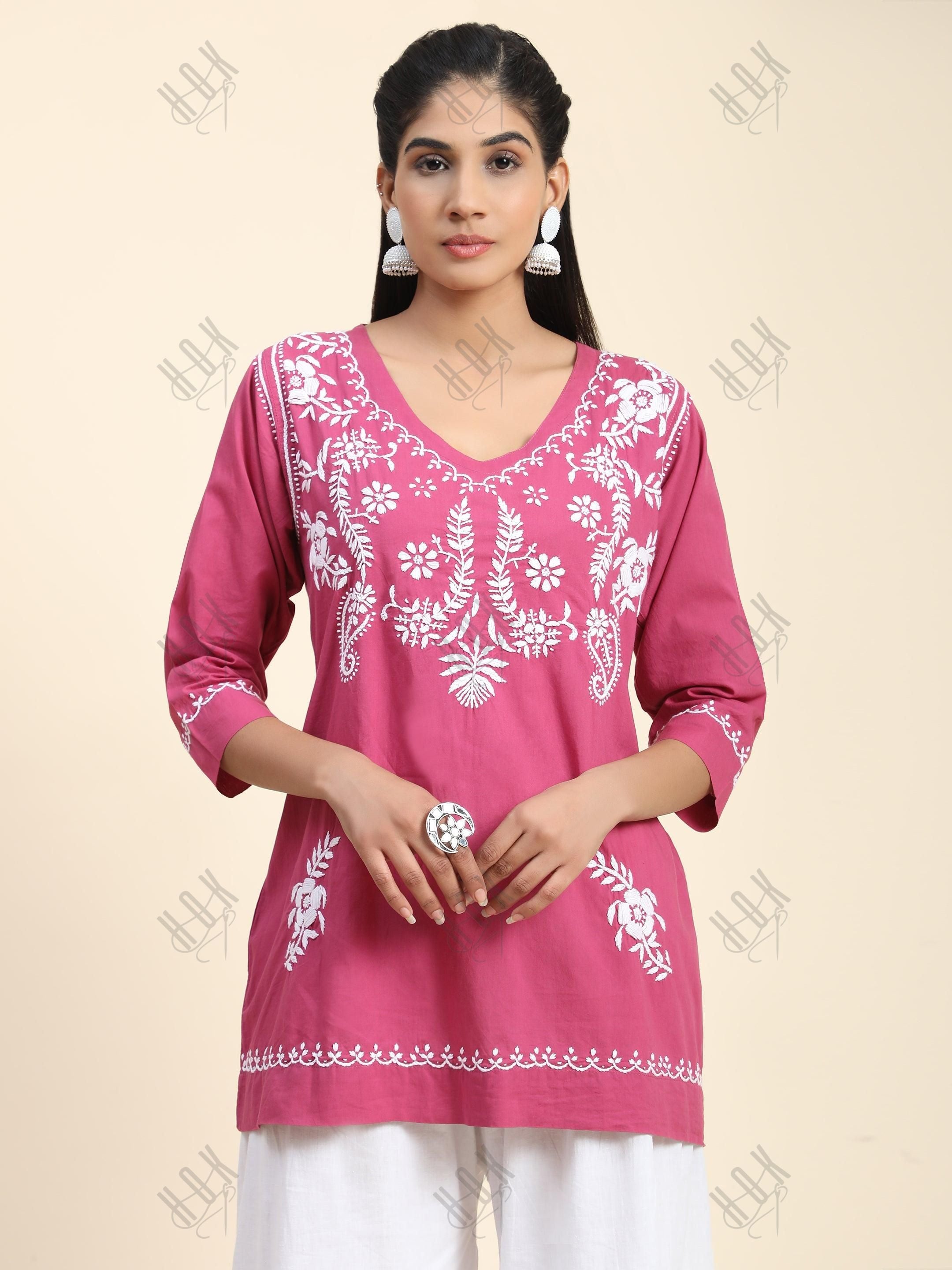 Hand Embroidery Chinakari Short Cotton Tunics- Pink - House Of Kari (Chikankari Clothing)