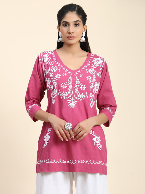 Load image into Gallery viewer, Hand Embroidery Chinakari Short Cotton Tunics- Pink - House Of Kari (Chikankari Clothing)
