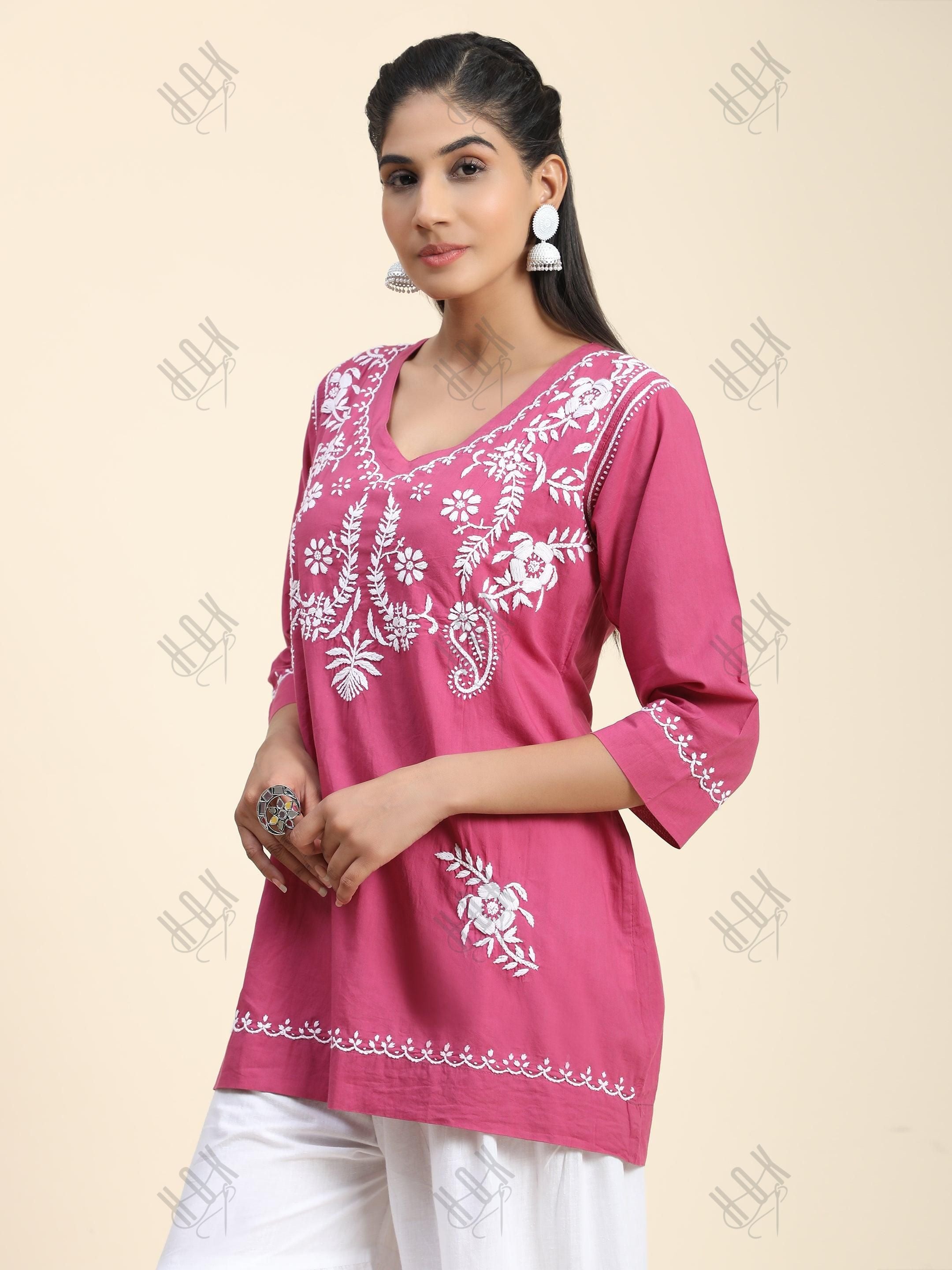 Hand Embroidery Chinakari Short Cotton Tunics- Pink - House Of Kari (Chikankari Clothing)