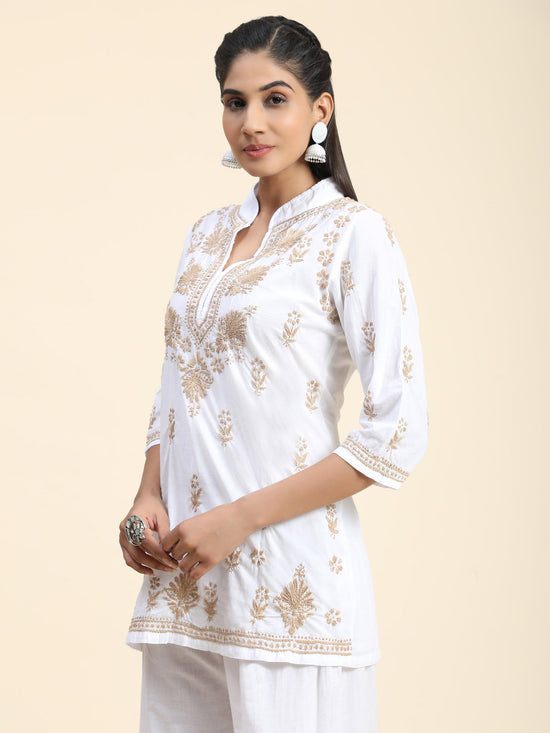 Hand Embroidery Chikankari Printed Short Cotton Tunics-White with Golden - House Of Kari (Chikankari Clothing)
