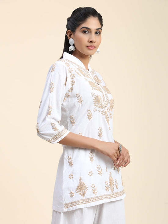 Hand Embroidery Chikankari Printed Short Cotton Tunics-White with Golden - House Of Kari (Chikankari Clothing)