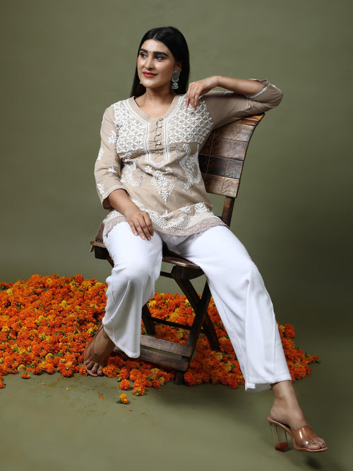 Arti Chauhan in HOK Chikankari Anarkali Kurti for Women - Beige - House Of  Kari (Chikankari Clothing)