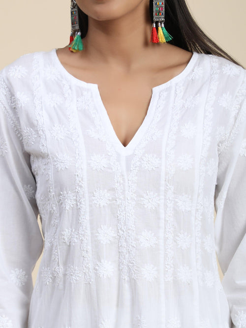 Chikankari Hand embroidery Anarkali Dress in Cotton White - House Of Kari (Chikankari Clothing)