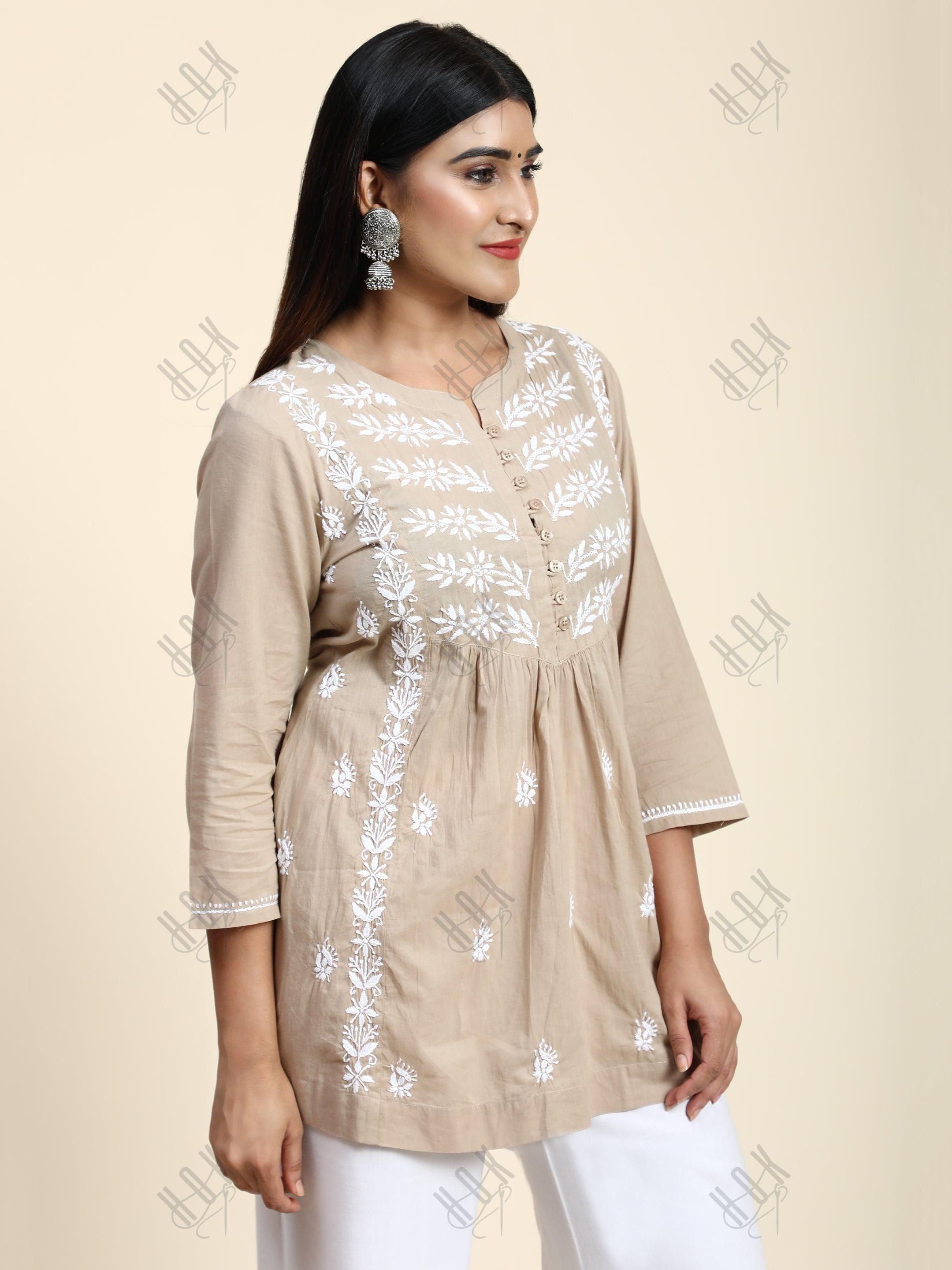 HOK chikankari Tunic for Women -Brown - House Of Kari (Chikankari Clothing)