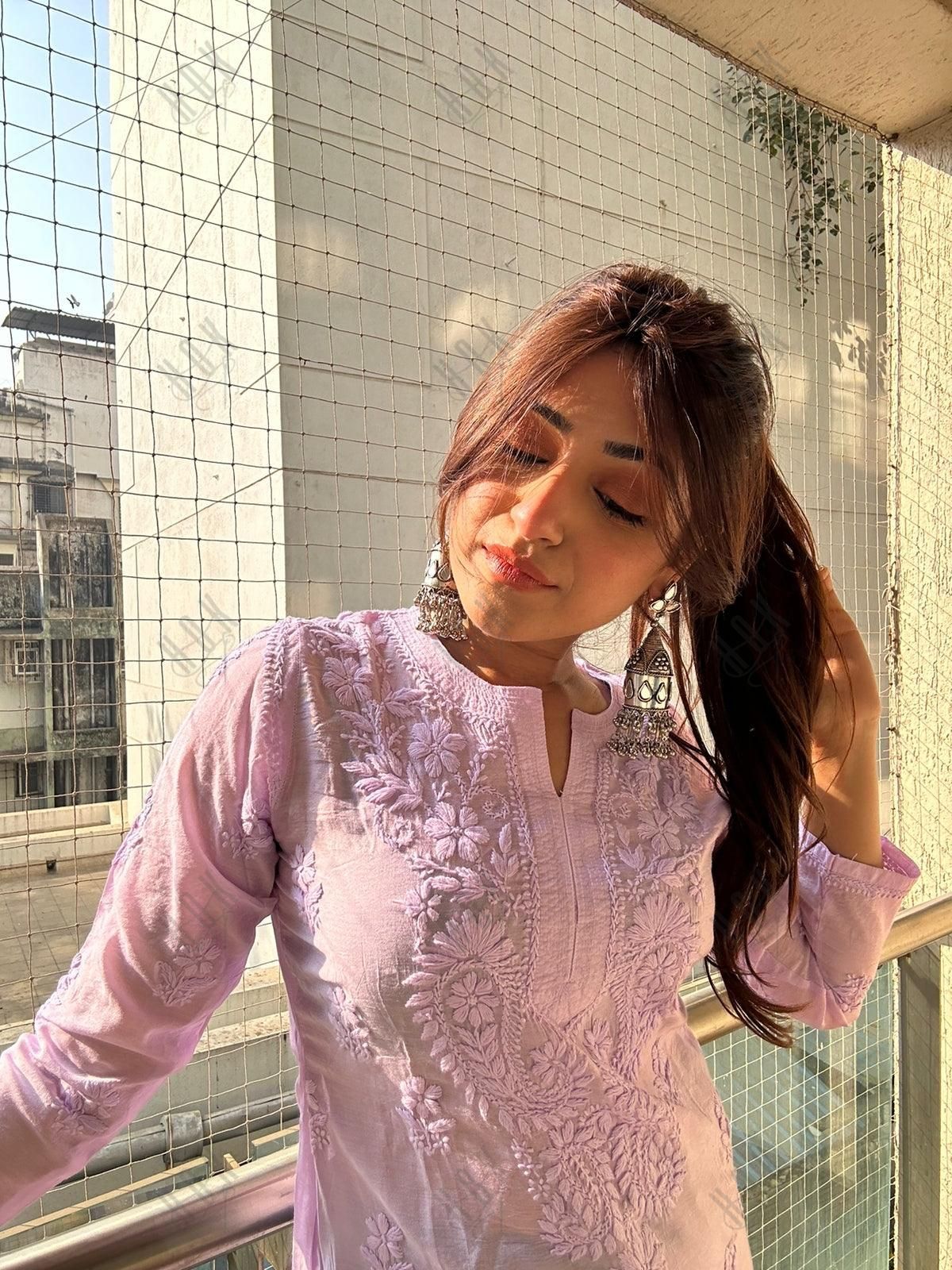 Vedika in Noor HOK Hand Embroidery Chanderi Silk Lavender - House Of Kari (Chikankari Clothing)