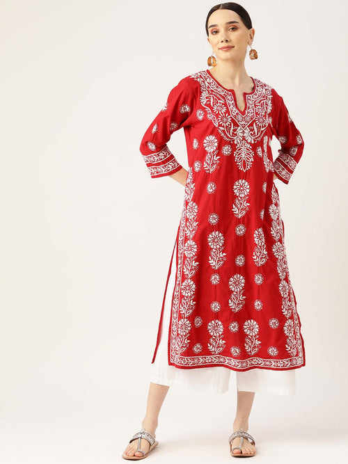 Load image into Gallery viewer, Sayantani in Hand Embroidery Chikankari Long Kurti for Women - Red - House Of Kari (Chikankari Clothing)
