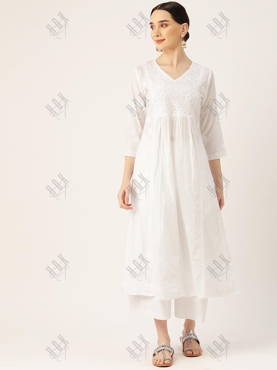 Ishita Dutta in Hand embroidery Chikankari Long Kurta-White - House Of Kari (Chikankari Clothing)