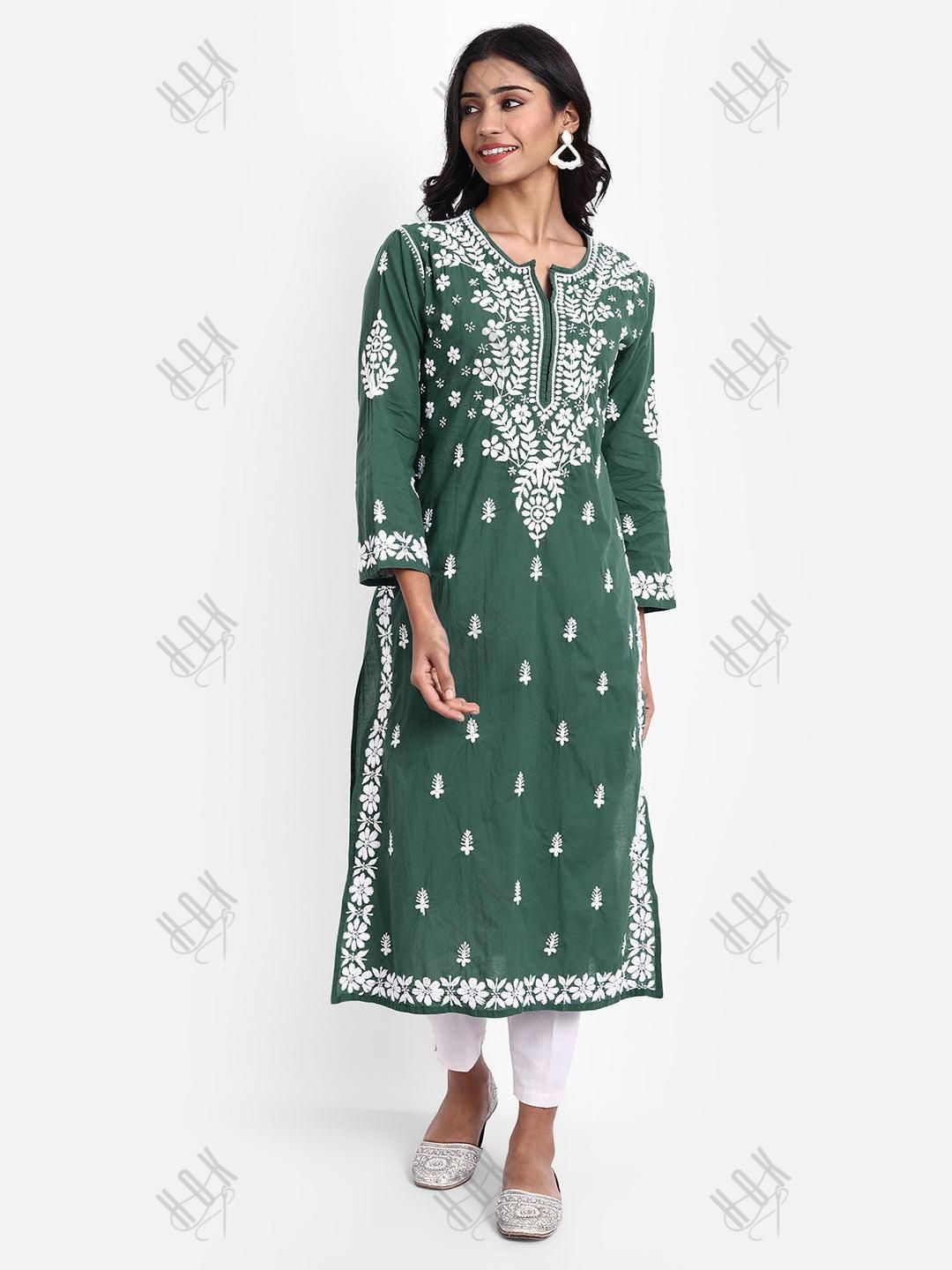 Sonakshi Duhan in Hand embroidery Chikankari Round neck Dress in Cotton-Green - House Of Kari (Chikankari Clothing)