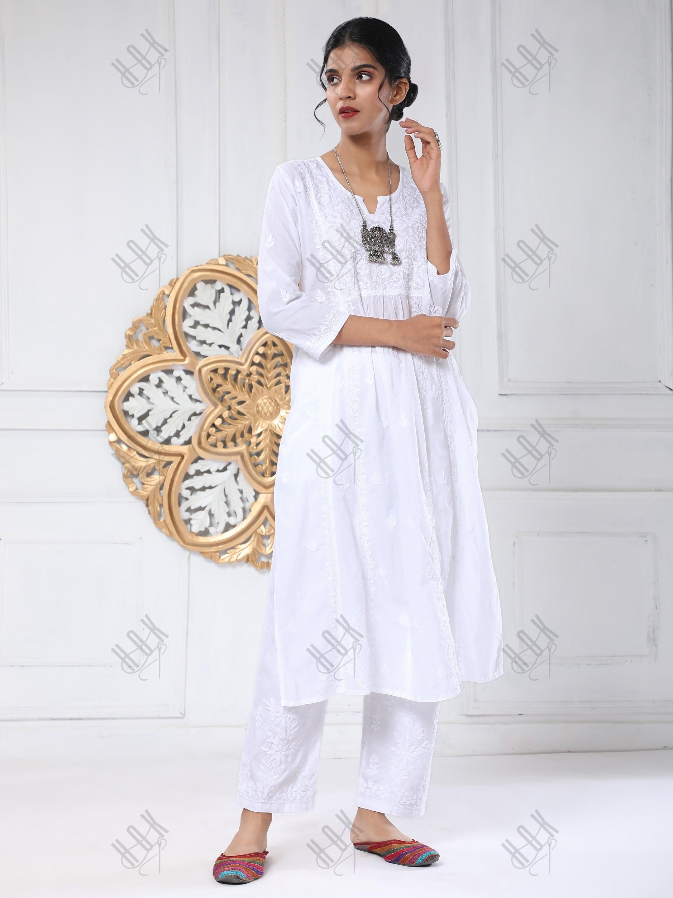 Noor House of Kari Hand embroidery Chikankari Dress in White - House Of Kari (Chikankari Clothing)