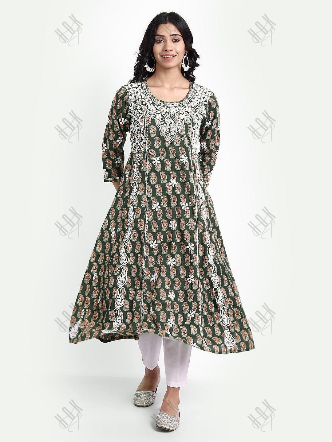 Diya in Chikankari Hand embroidery Round neck Dress in Cotton Brown - House Of Kari (Chikankari Clothing)