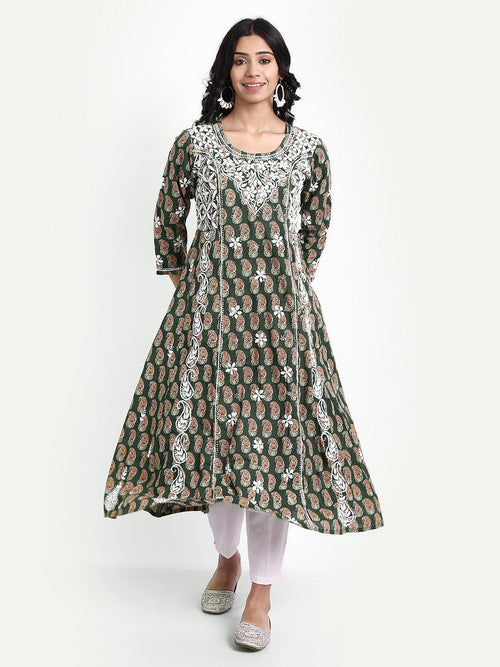Load image into Gallery viewer, Diya in Chikankari Hand embroidery Round neck Dress in Cotton Brown - House Of Kari (Chikankari Clothing)
