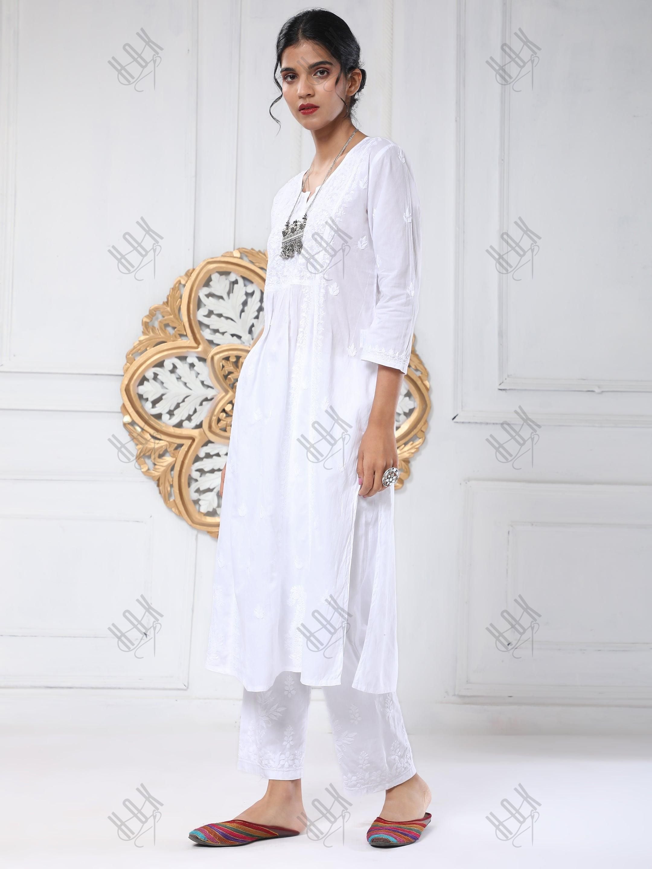 Noor House of Kari Hand embroidery Chikankari Dress in White - House Of Kari (Chikankari Clothing)