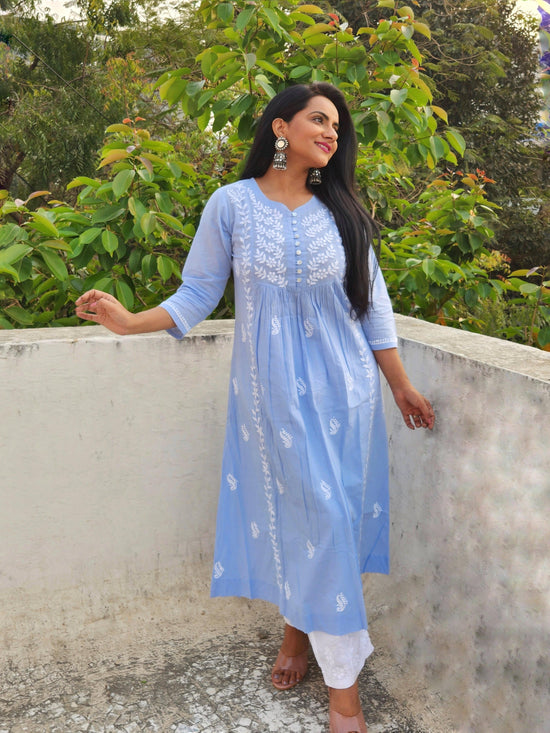 Aastha in Hand embroidery Chikankari Dress-Blue White - House Of Kari (Chikankari Clothing)