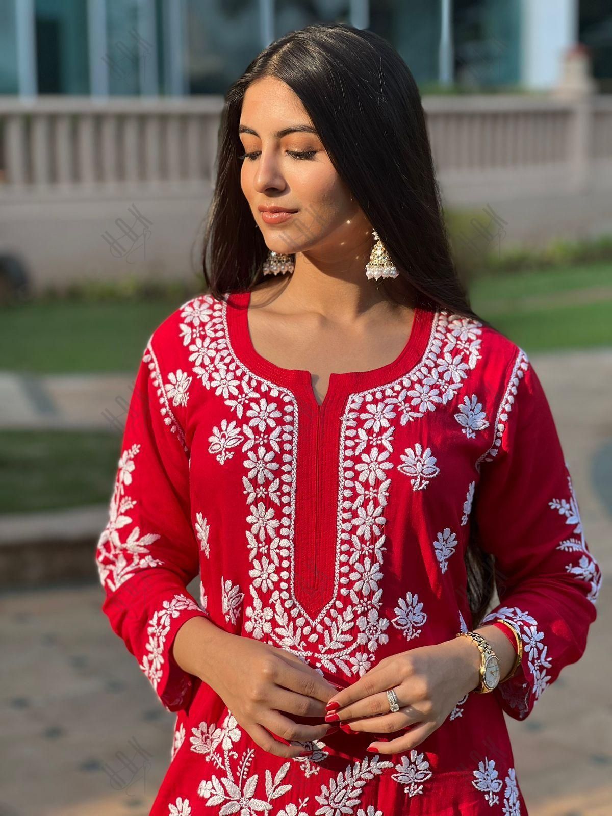 Surili Gautam in Premium Hand Embroidery Chikankari Co-Ord Set Red - House Of Kari (Chikankari Clothing)