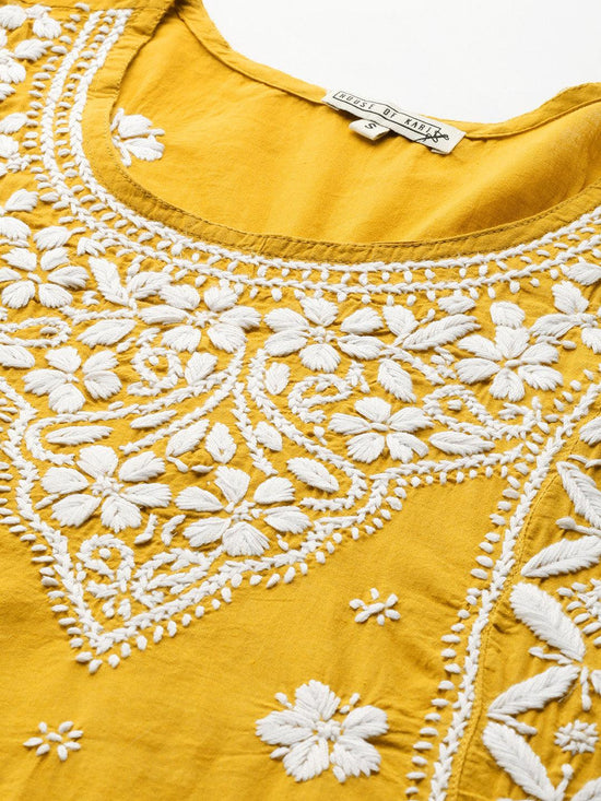 Chikankari Hand embroidery Anarkali Round neck Dress in Cotton - House Of Kari (Chikankari Clothing)