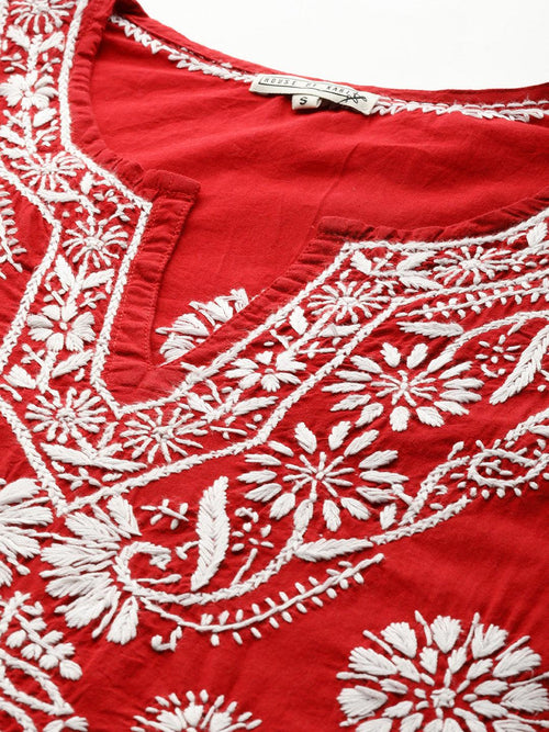 Hand Embroidery Chikankari Long Kurti for Women - Red - House Of Kari (Chikankari Clothing)
