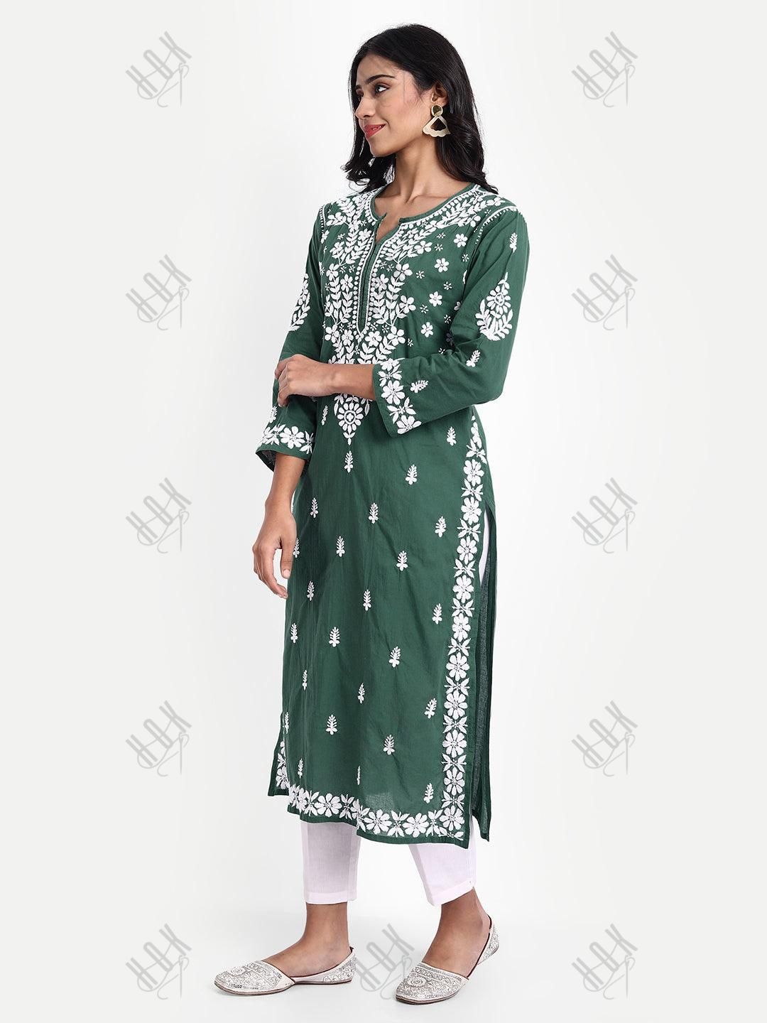 Sonakshi Duhan in Hand embroidery Chikankari Round neck Dress in Cotton-Green - House Of Kari (Chikankari Clothing)