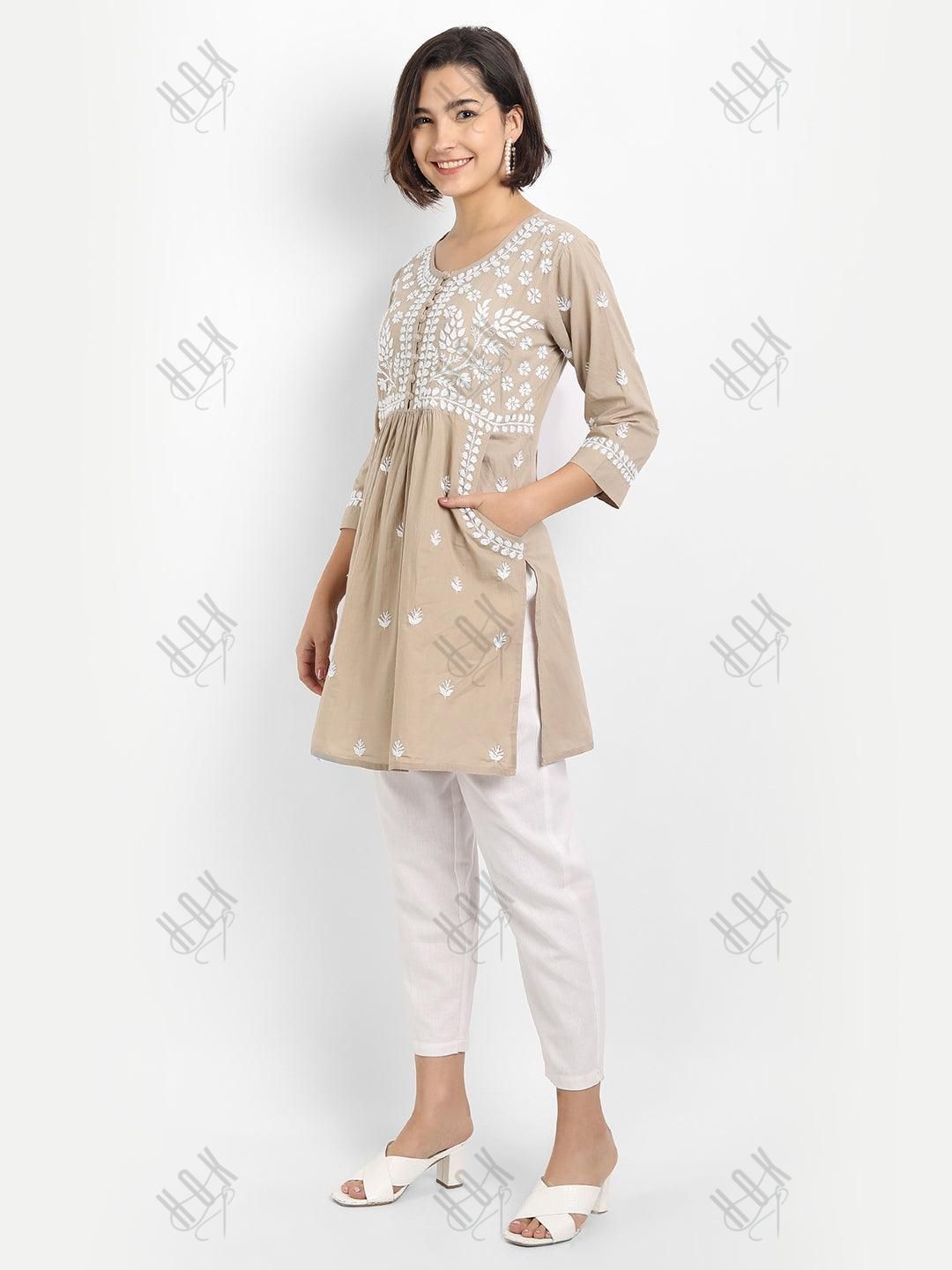 Sakshi & Jinal in Chikankari Hand embroidery tunic-Brown - House Of Kari (Chikankari Clothing)