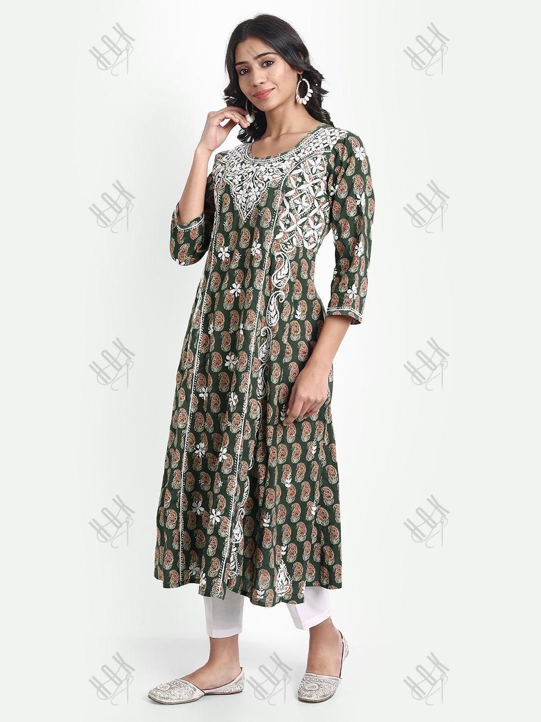 Diya in Chikankari Hand embroidery Round neck Dress in Cotton Brown - House Of Kari (Chikankari Clothing)