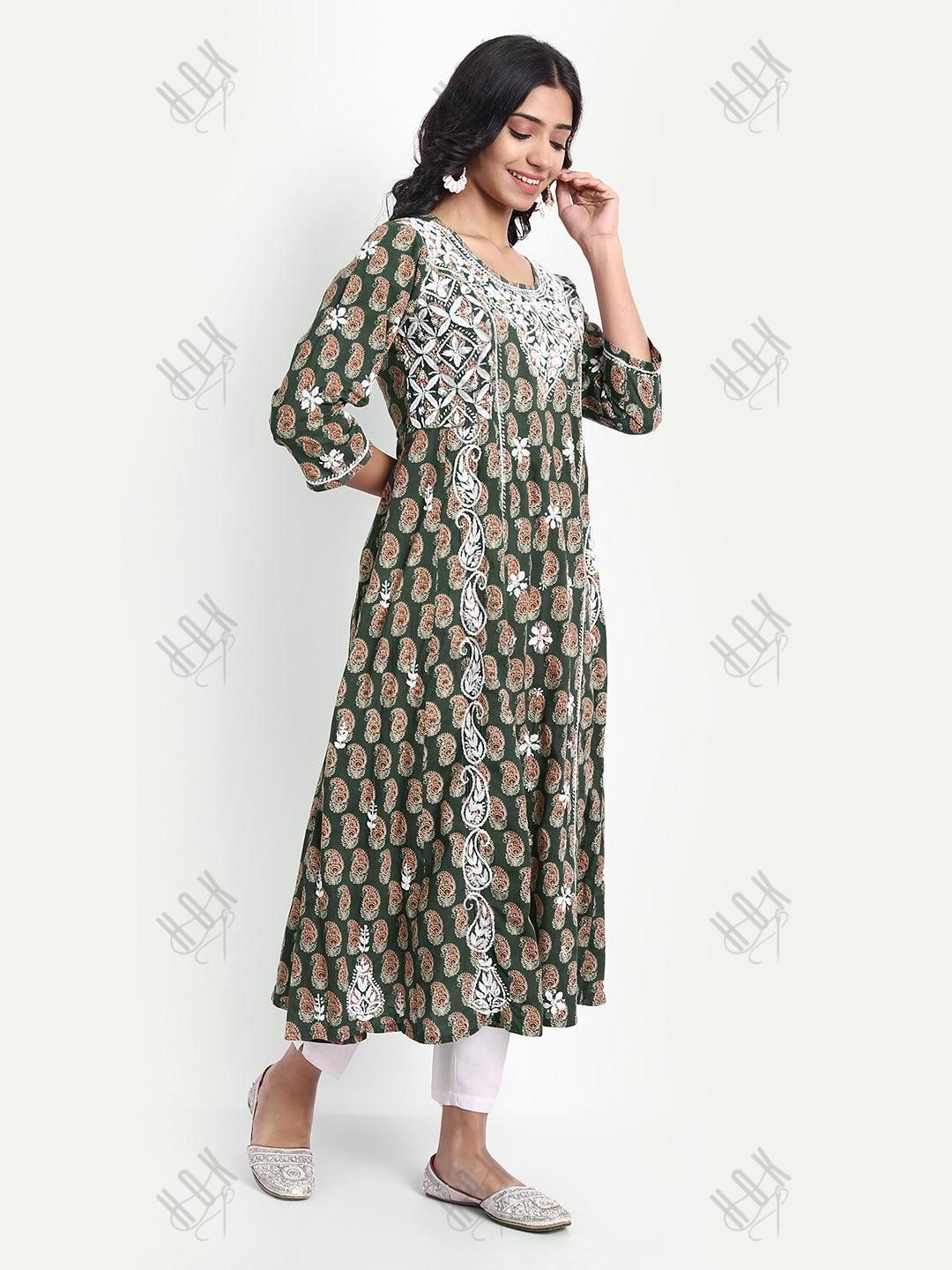 Chikankari Hand embroidery Round neck Dress in Cotton Brown - House Of Kari (Chikankari Clothing)