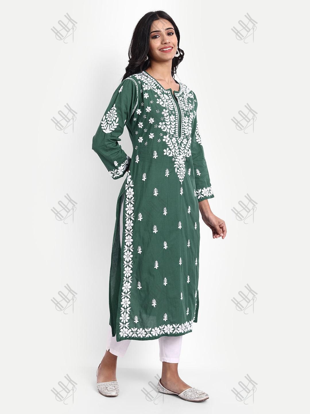 Sonakshi Duhan in Hand embroidery Chikankari Round neck Dress in Cotton-Green - House Of Kari (Chikankari Clothing)