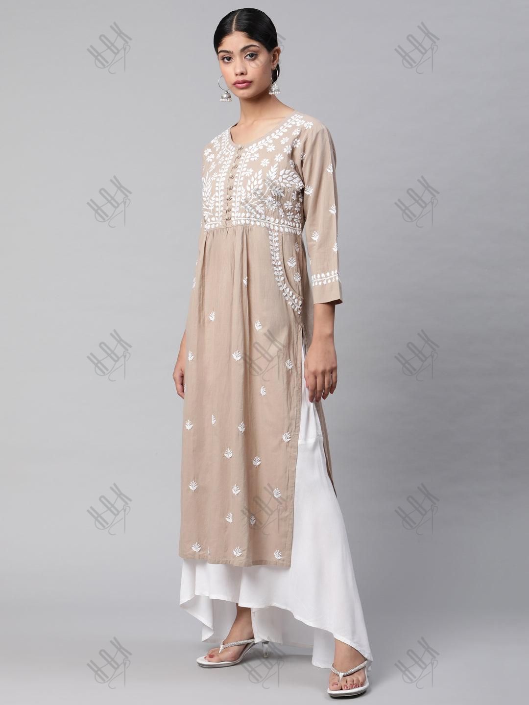 Asmita in HOK Chikankari Kurti for Women - Beige - House Of Kari (Chikankari Clothing)