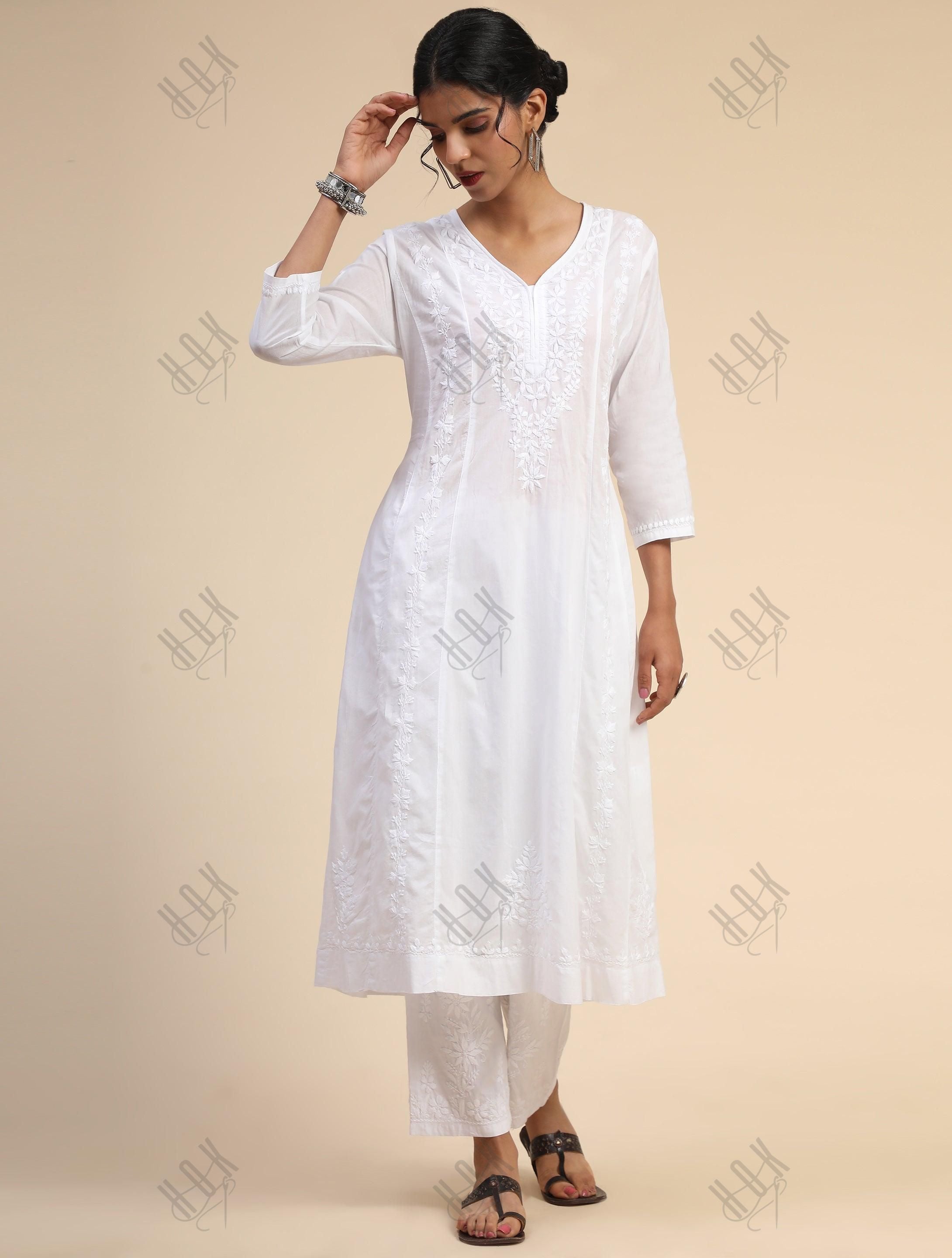 Noor House of Kari Hand embroidery Chikankari Long Kurta-White - House Of Kari (Chikankari Clothing)