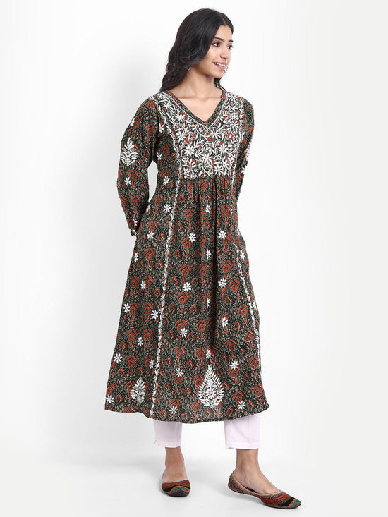 Load image into Gallery viewer, Hand embroidery Chikankari V Neck Anarkali Dress | Long Kurti in Cotton For Women - House Of Kari (Chikankari Clothing)
