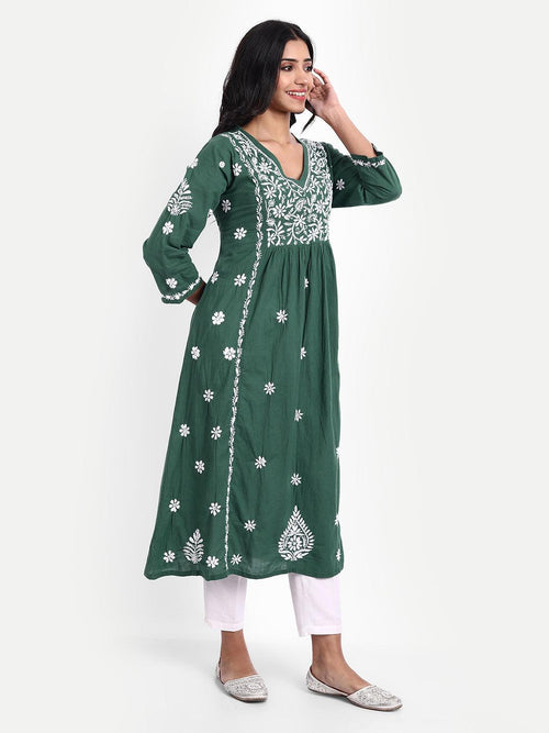 Hand embroidery Chikankari V Neck Anarkali Dress | Long Kurti in Cotton For Women - House Of Kari (Chikankari Clothing)