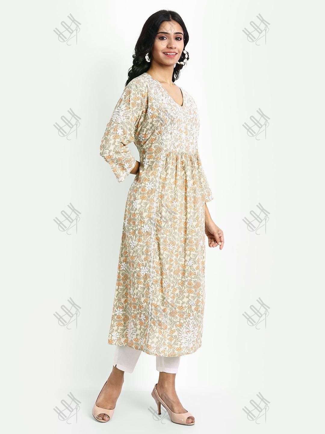 Hand embroidery Chikankari V Neck Anarkali Dress | Long Kurti in Cotton For Women - House Of Kari (Chikankari Clothing)