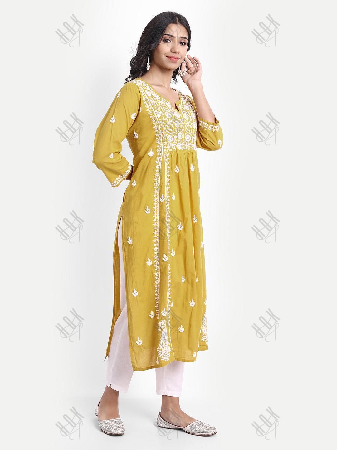 Chikankari Hand embroidery Dress in Cotton Yellow - House Of Kari (Chikankari Clothing)