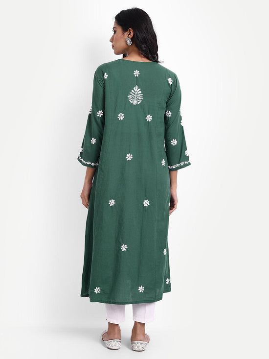 Hand embroidery Chikankari V Neck Anarkali Dress | Long Kurti in Cotton For Women - House Of Kari (Chikankari Clothing)
