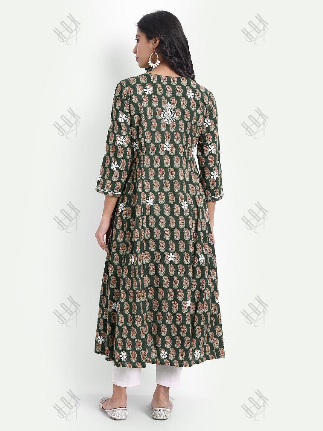 Chikankari Hand embroidery Round neck Dress in Cotton Brown - House Of Kari (Chikankari Clothing)