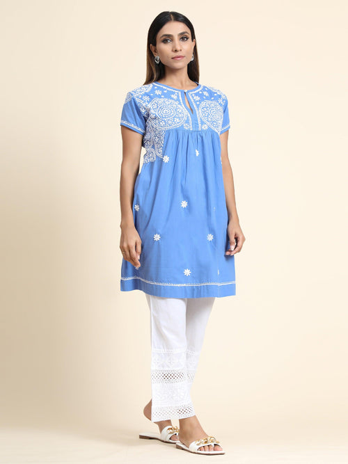 Hand Embroidery Chikankari Tunic for Women-Light Blue - House Of Kari (Chikankari Clothing)