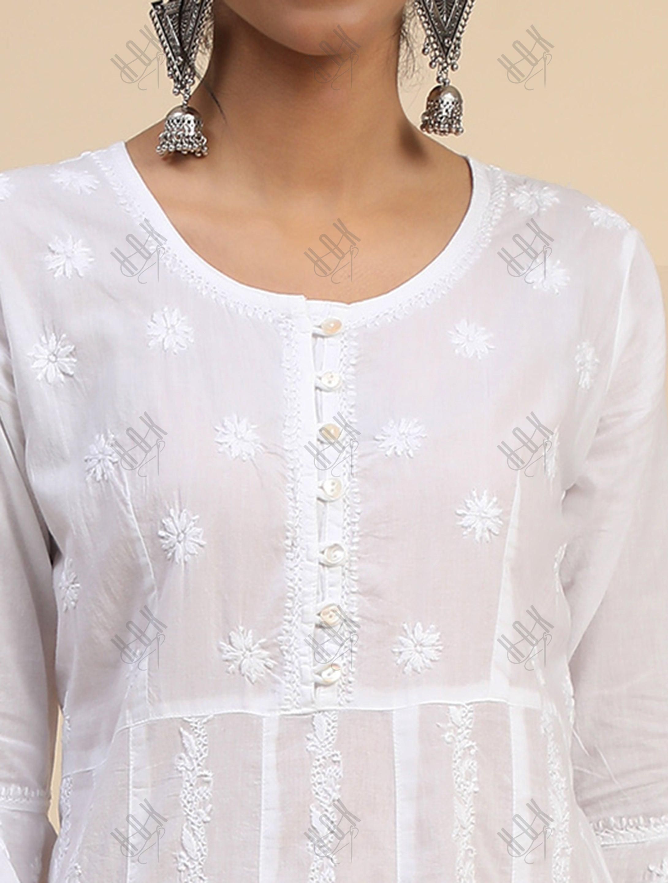 Hand embroidery Chikankari Long Kurta-White - House Of Kari (Chikankari Clothing)