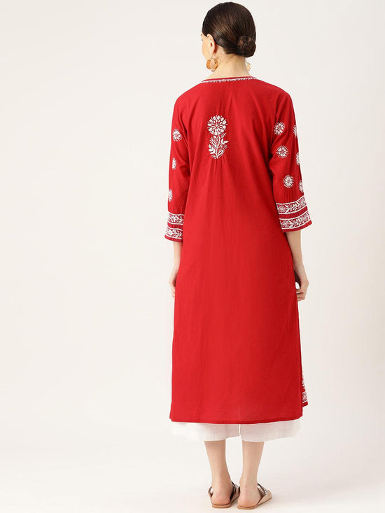 Load image into Gallery viewer, Hand Embroidery Chikankari Long Kurti for Women - Red - House Of Kari (Chikankari Clothing)
